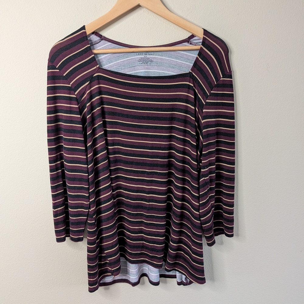 Lane Bryant Striped Top Womens 18/20 Burgundy Black Tan Square Neck Stretch